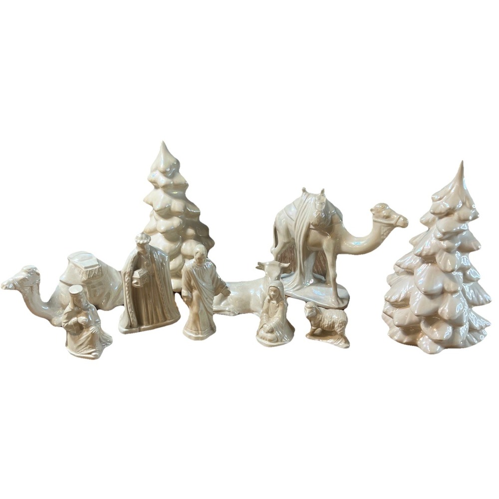13‎ Piece Glossy Vintage Ceramic Nativity Scene Christmas Tree Pearl Glaze